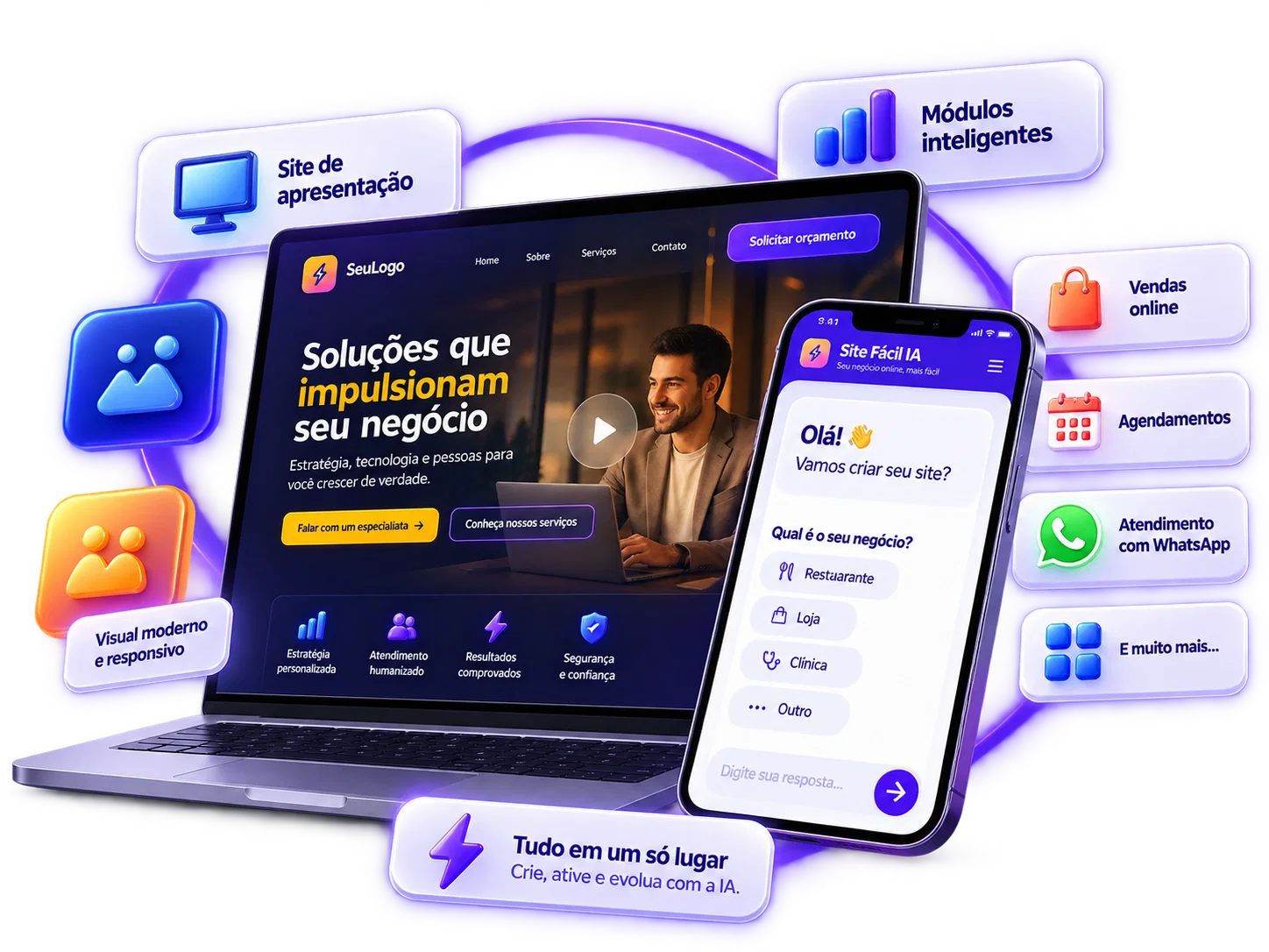 Site Fácil IA em notebook e celular com módulos inteligentes