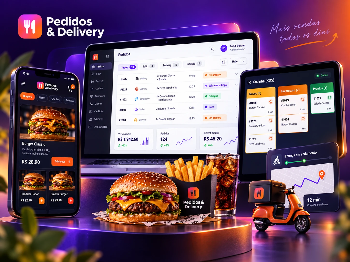 Visual profissional do módulo Pedidos e Delivery com dashboard, app mobile, KDS e rota de entrega