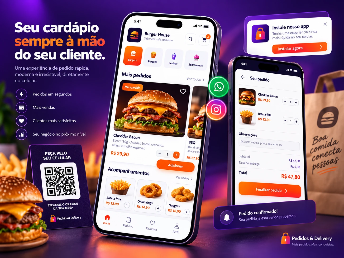 Cardápio público em formato app com PWA, busca, categorias e pedido mobile