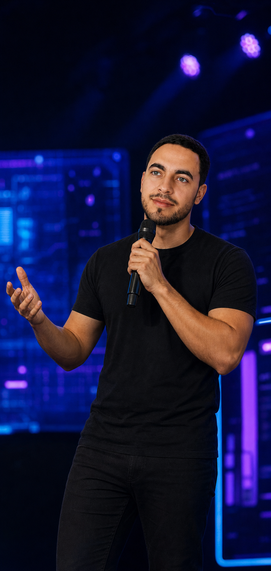 Mário Henrique apresentando uma palestra sobre tecnologia em um palco iluminado