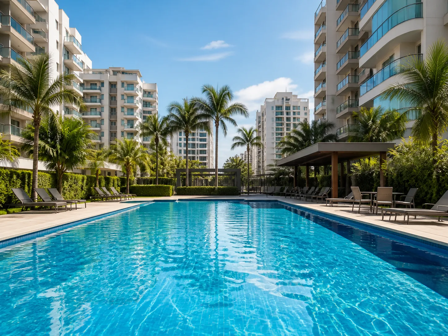 Piscina ampla em condomínio de alto padrão