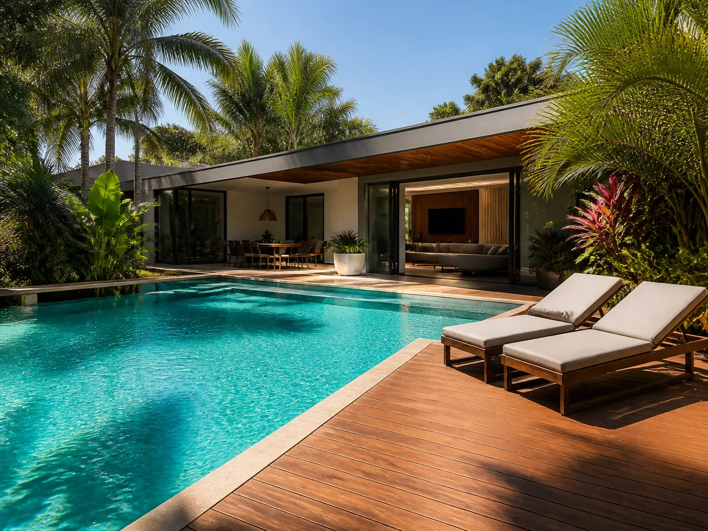 Piscina residencial sofisticada com deck e paisagismo