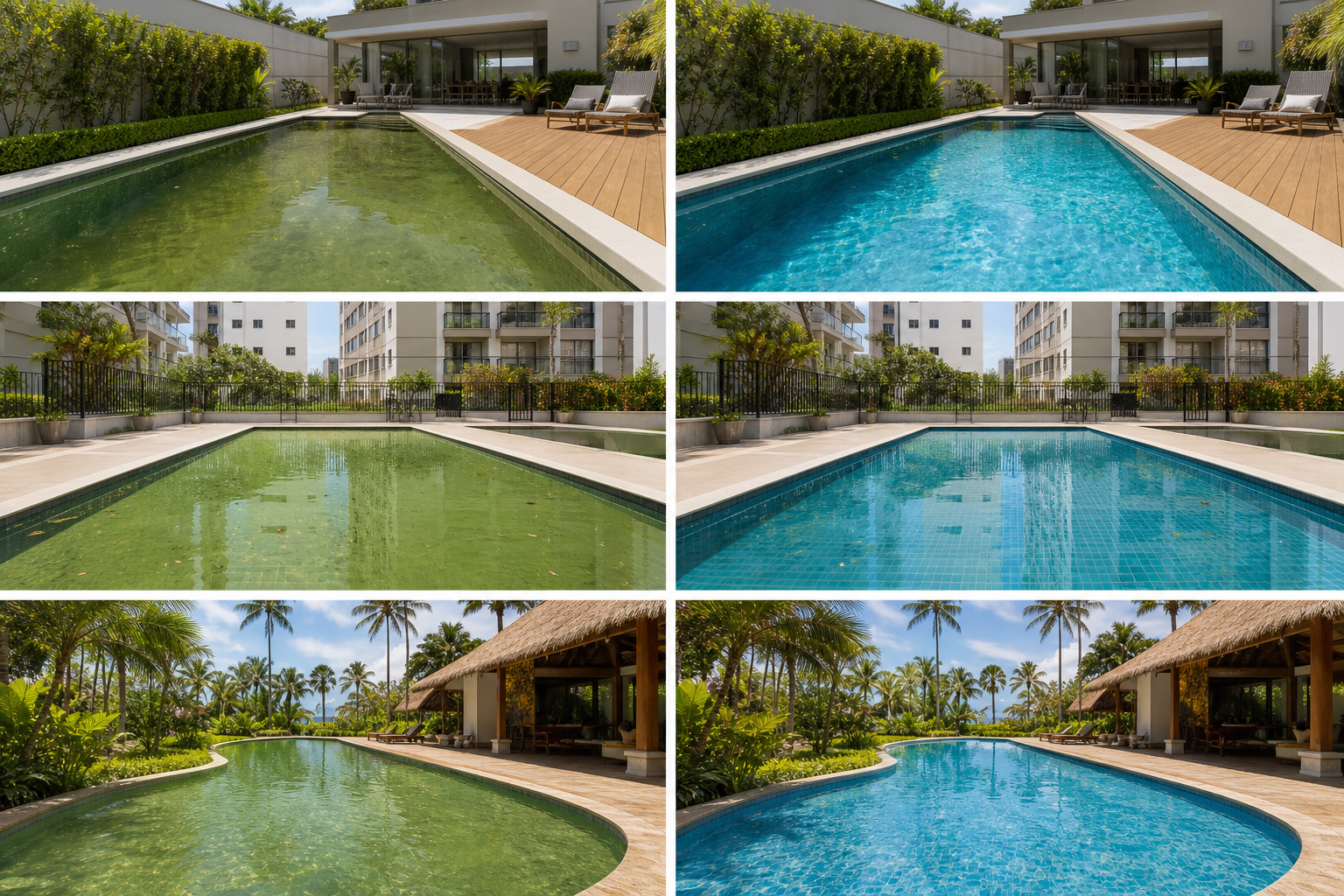 Comparativo de piscina residencial antes e depois da limpeza