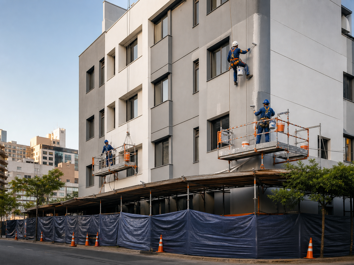 Equipe trabalhando com segurança na pintura externa de um edifício