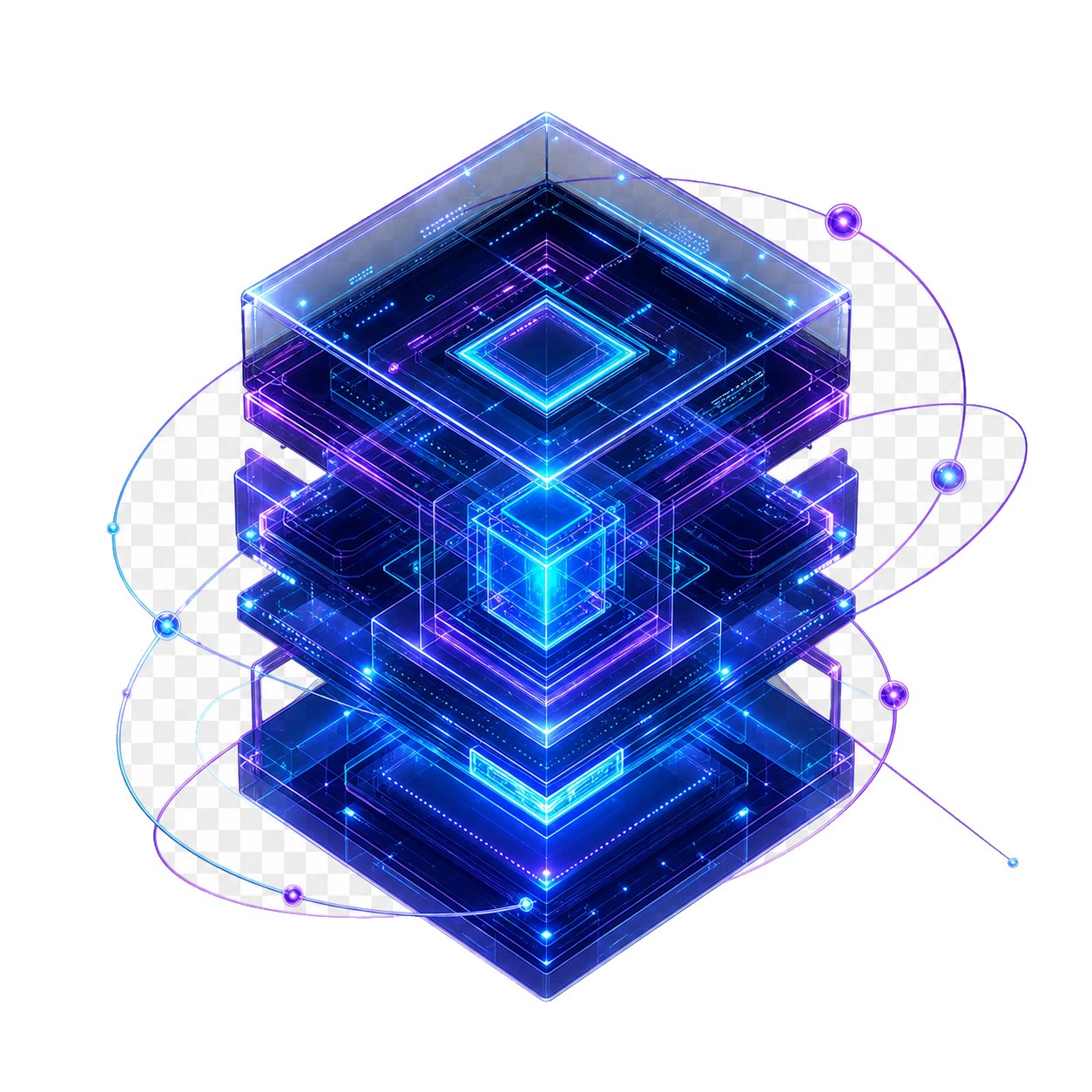 Cubo holográfico azul e violeta representando tecnologia e inovação