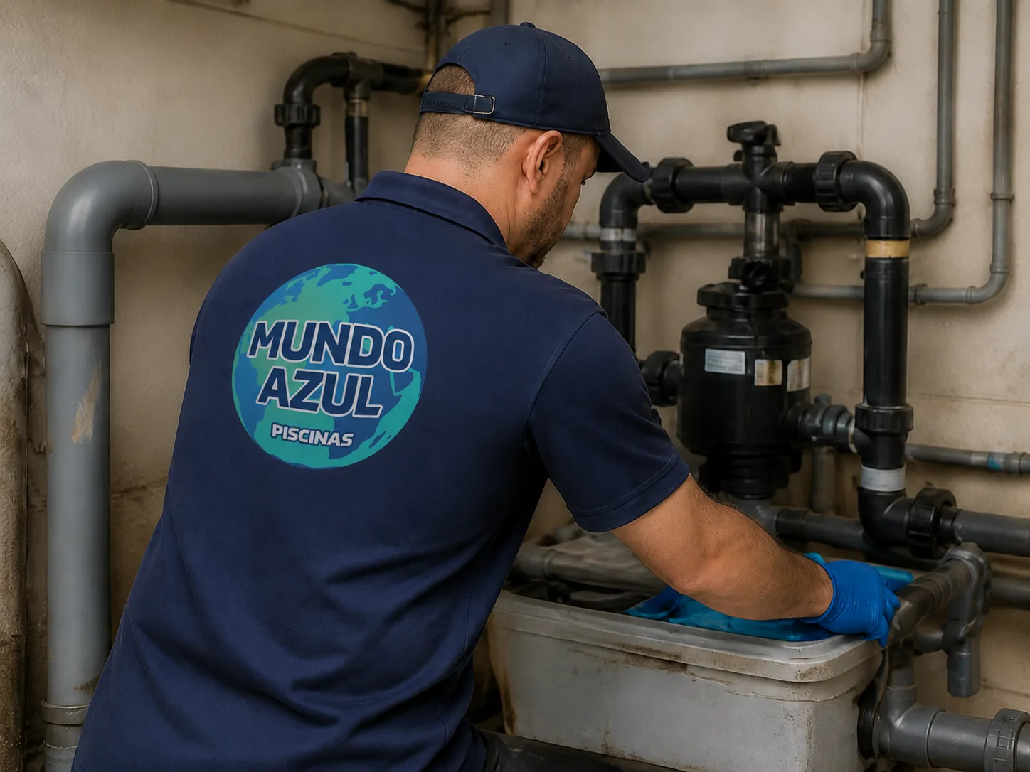 Técnico trabalhando em casa de máquinas de piscina