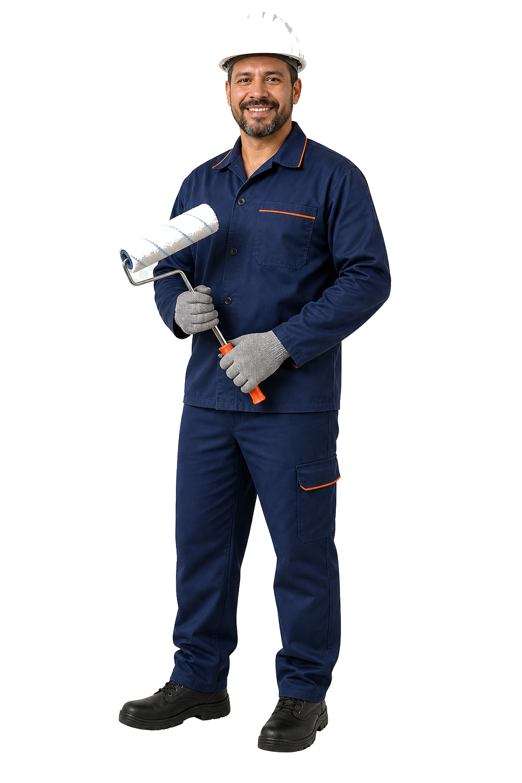 Profissional de pintura predial com capacete, uniforme e rolo de pintura