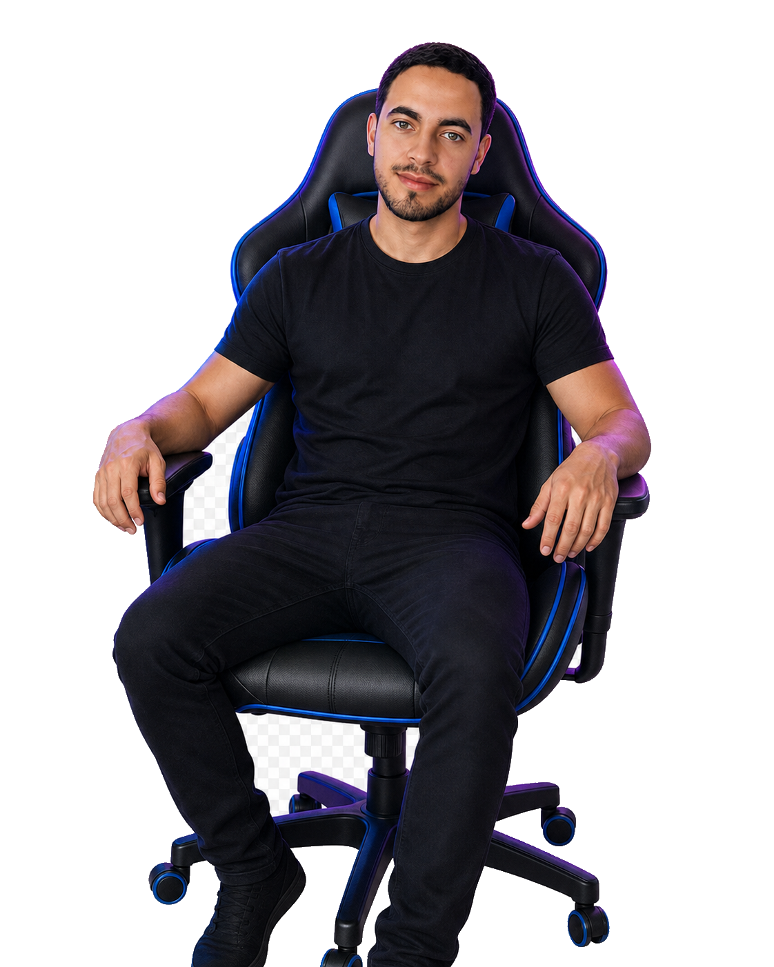 Mário Henrique sentado em cadeira gamer, em uma composição tecnológica azul e violeta