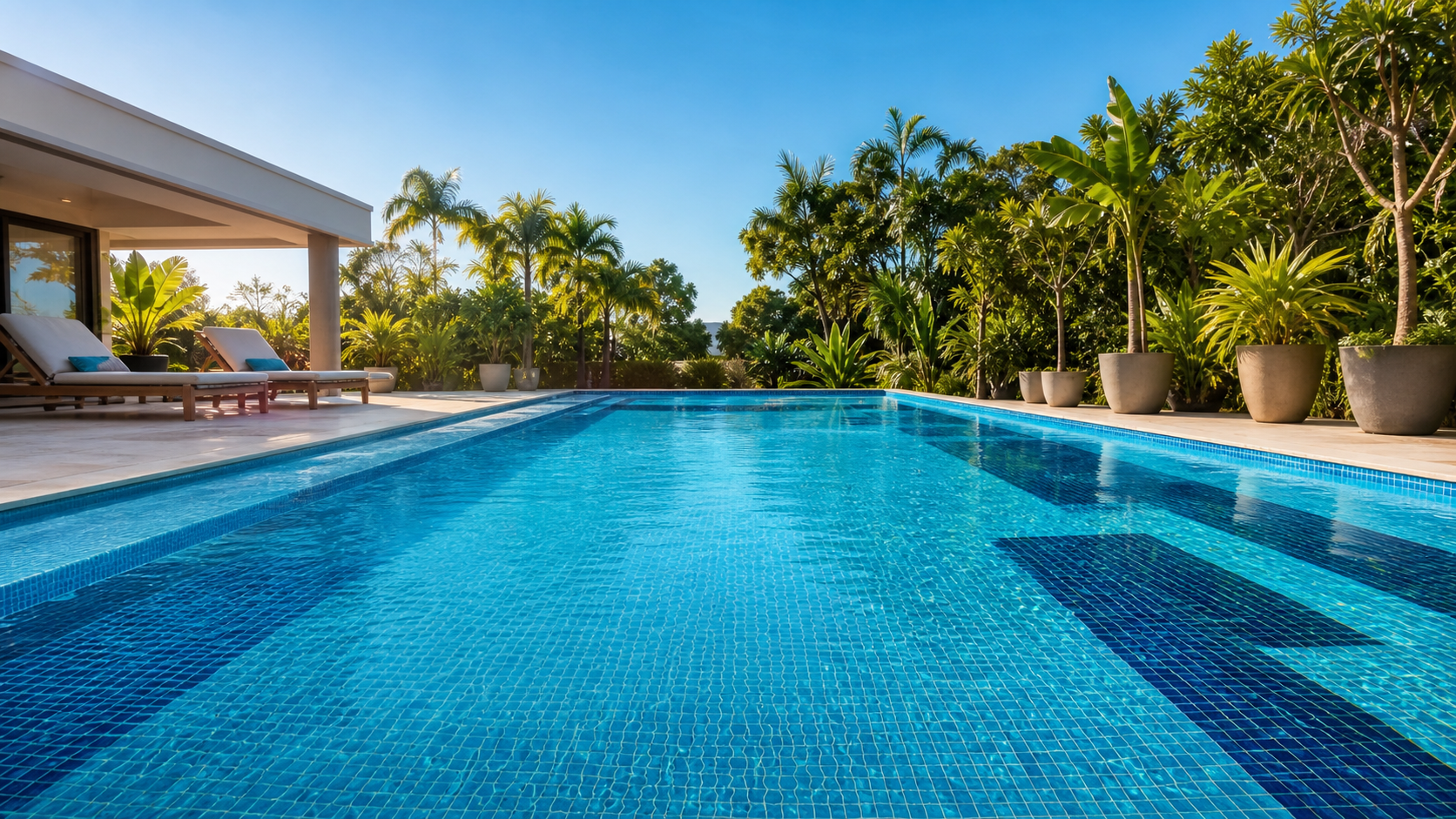 Piscina moderna cercada por jardim tropical e arquitetura contemporânea