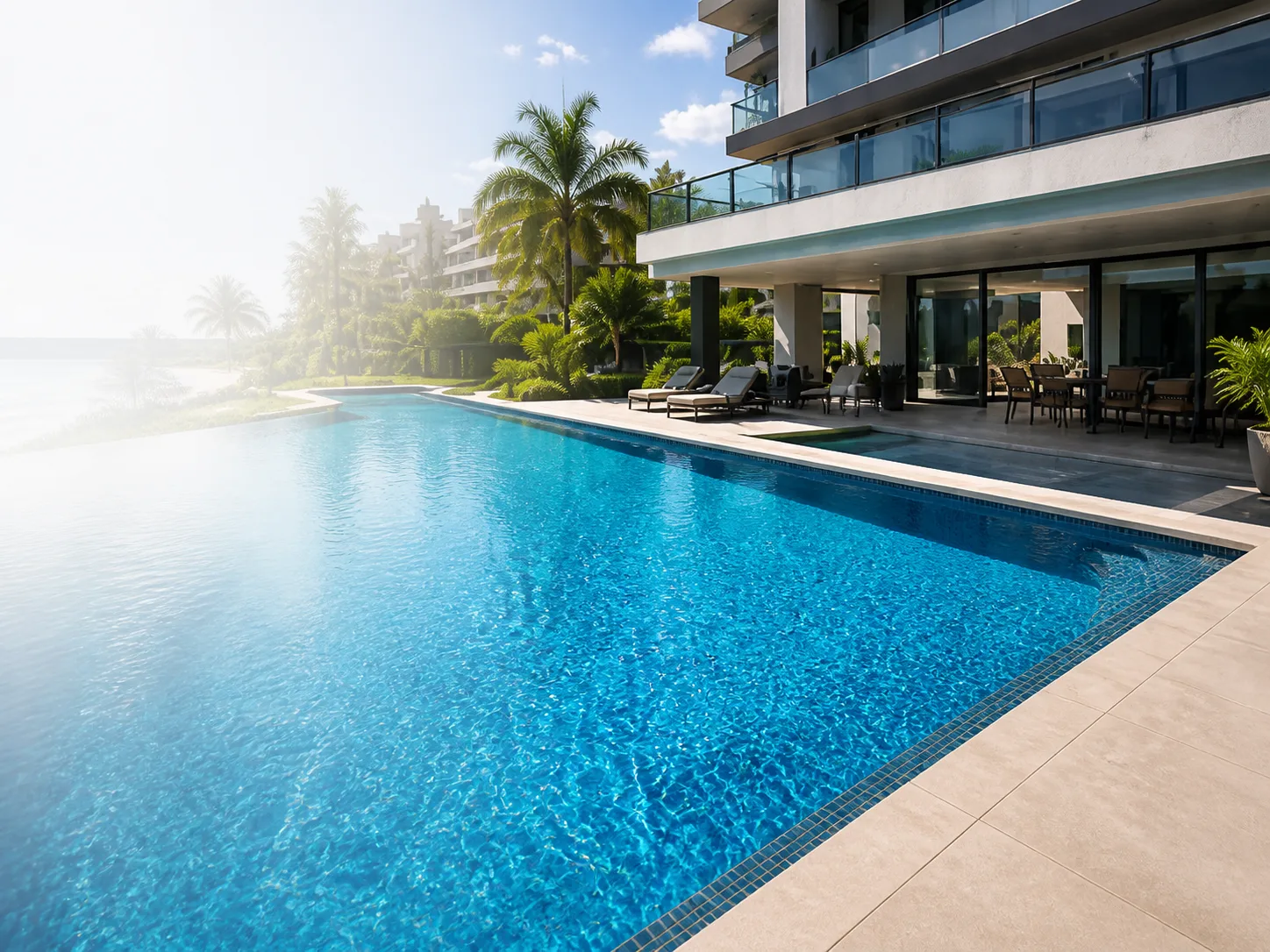 Piscina azul de alto padrão em residência contemporânea