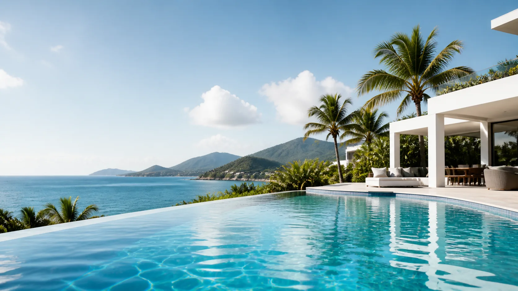 Piscina residencial limpa com água azul cristalina e paisagem litorânea