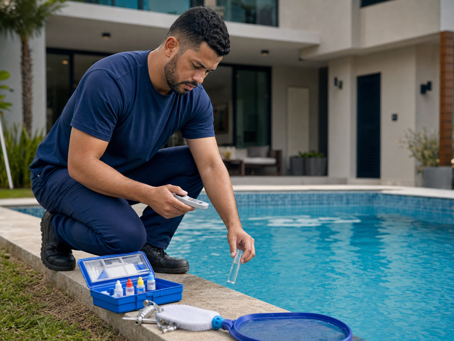 Profissional da Aquabelly realizando manutenção e análise da água de uma piscina