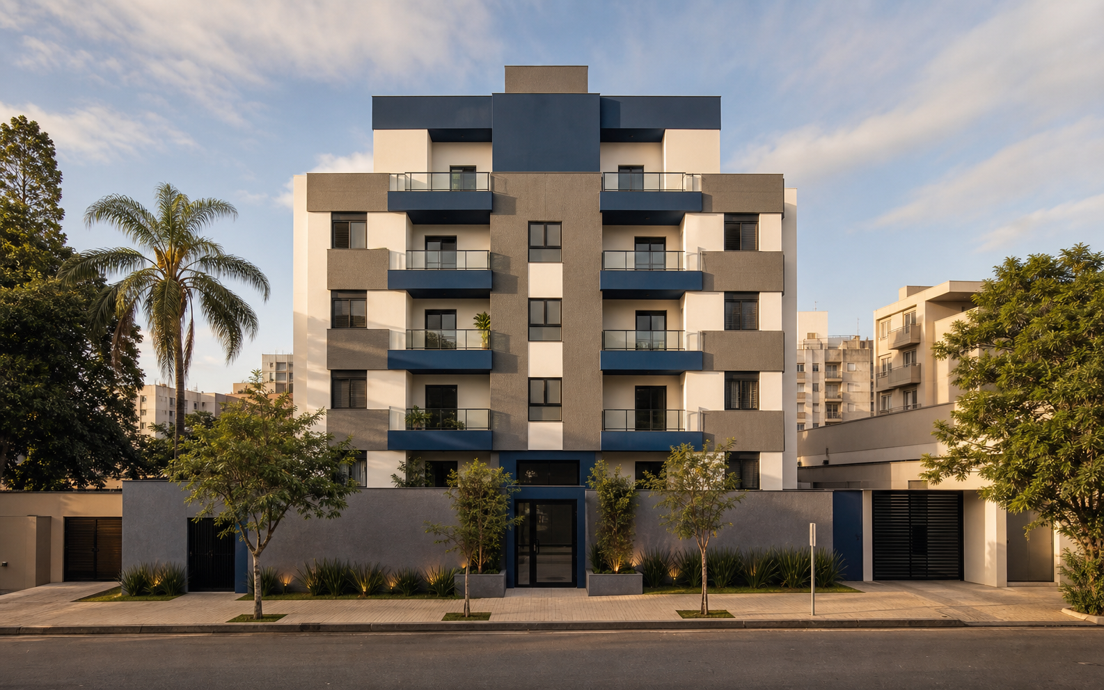Fachada predial com pintura renovada em composição arquitetônica moderna