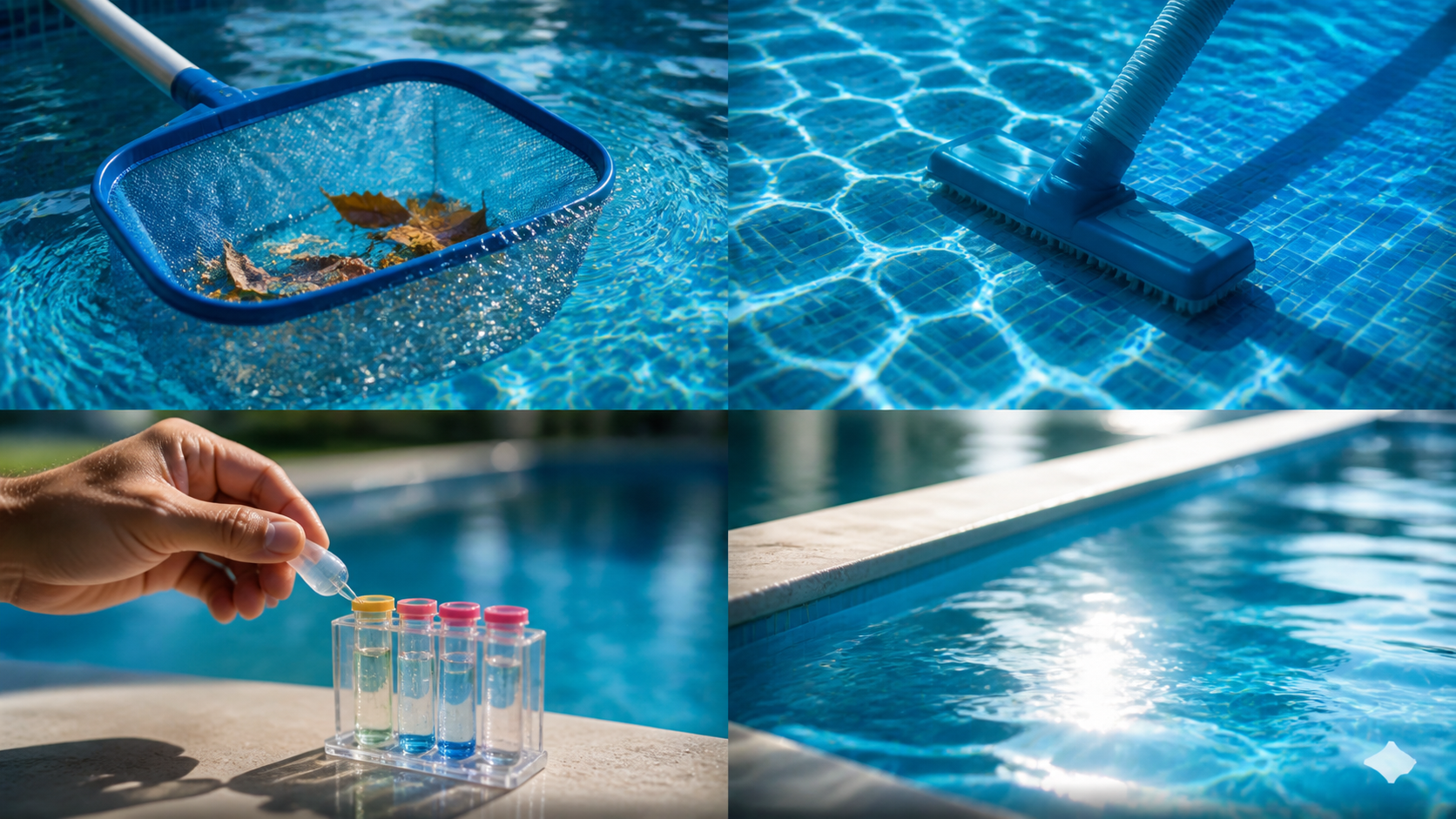 Peneira removendo folhas e resíduos da água da piscina
