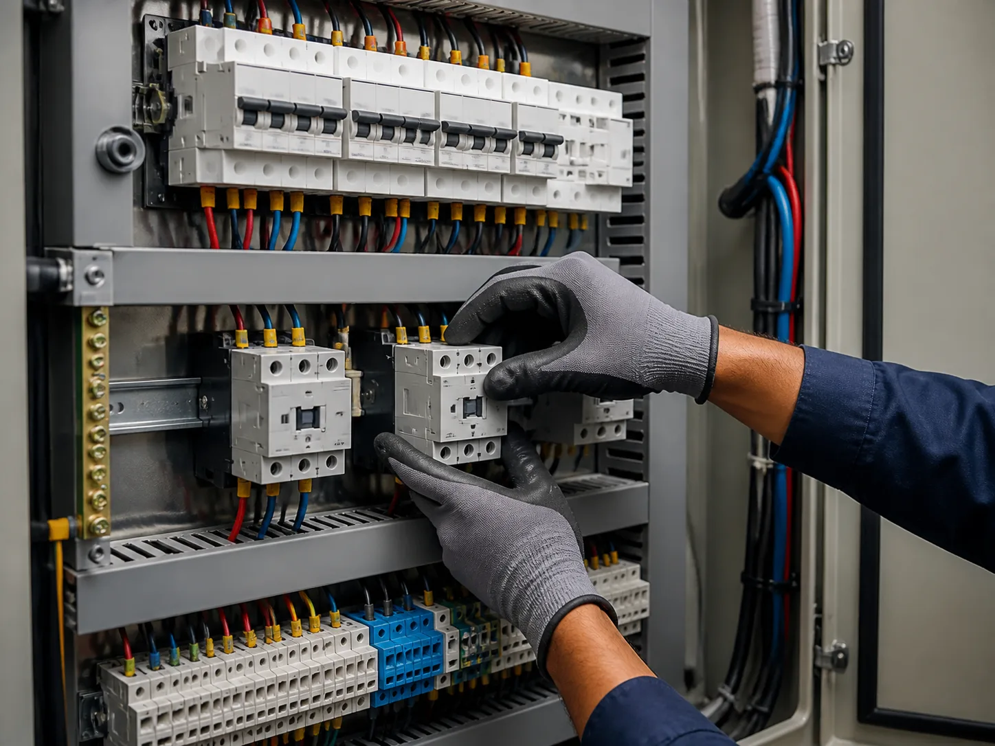 Eletricista trabalhando em quadro de comando organizado