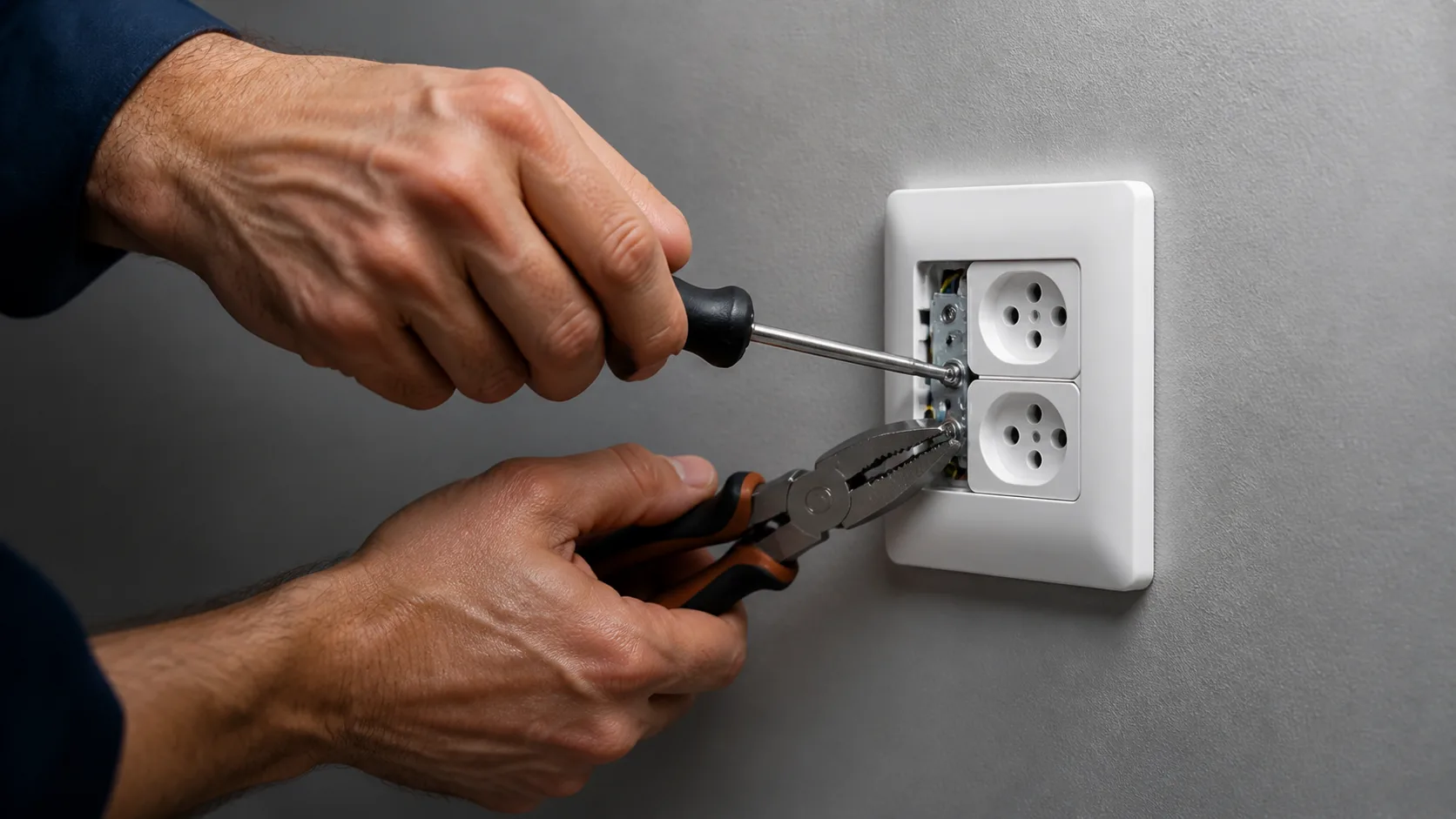Eletricista reparando uma tomada residencial
