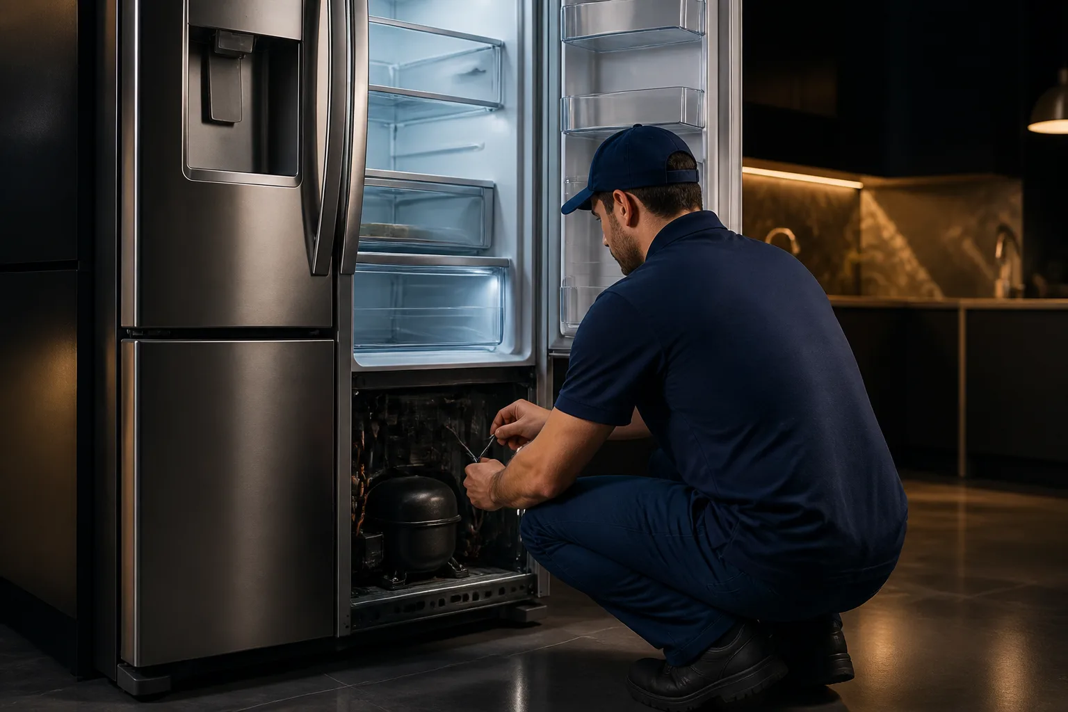 T&eacute;cnico realizando manuten&ccedil;&atilde;o em refrigerador residencial