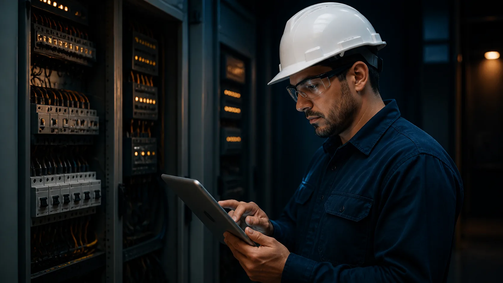 Eletricista consultando um tablet diante de painéis industriais