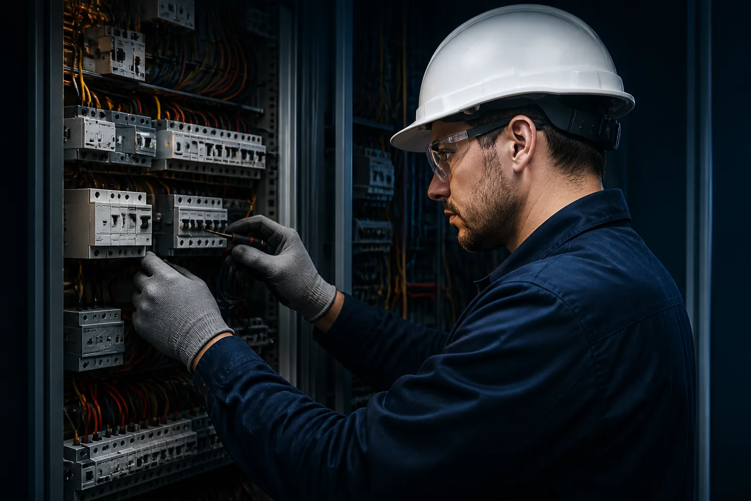 Eletricista com equipamentos de proteção trabalhando em quadro elétrico industrial