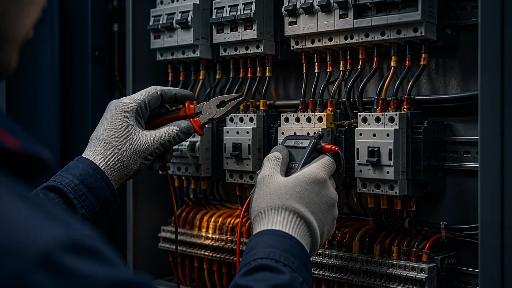 Profissional realizando manutenção em quadro elétrico