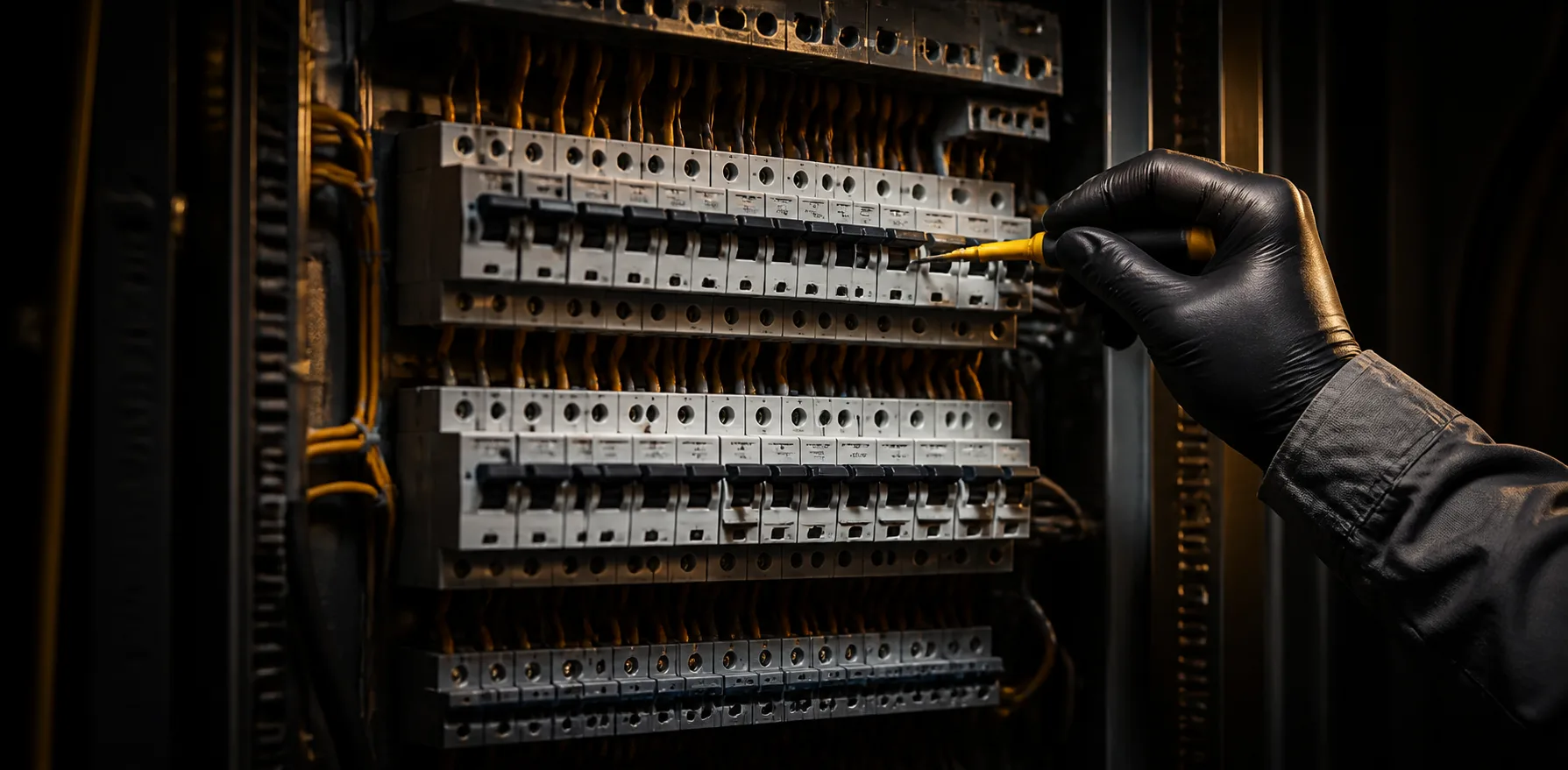 Eletricista operando disjuntores em um painel el&eacute;trico