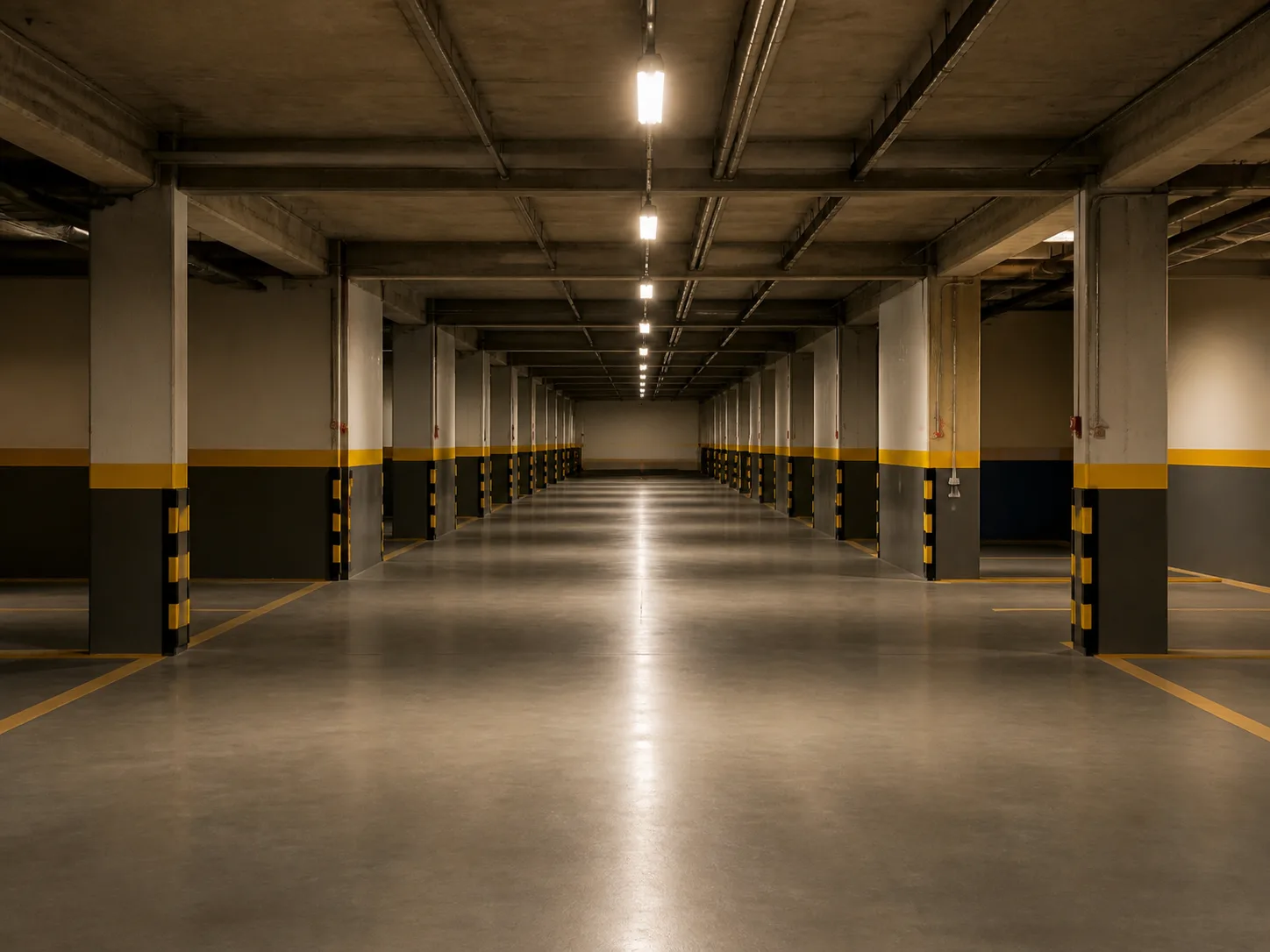 Garagem de condomínio limpa e bem conservada