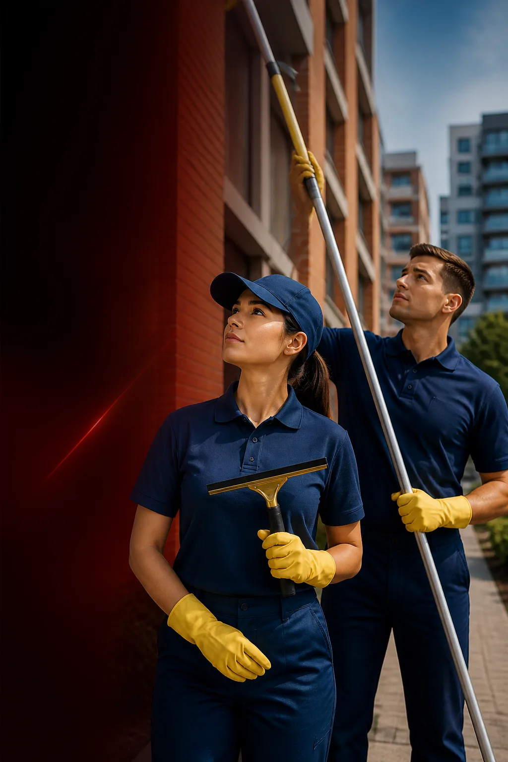 Equipe uniformizada de limpeza e manutenção condominial