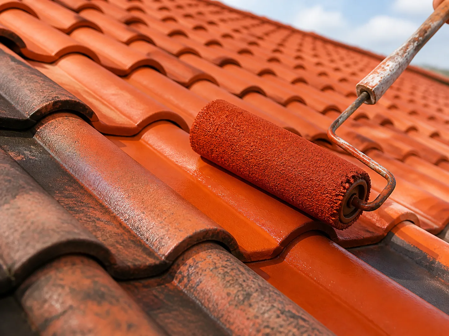 Telhas cer&acirc;micas recebendo pintura protetora com rolo