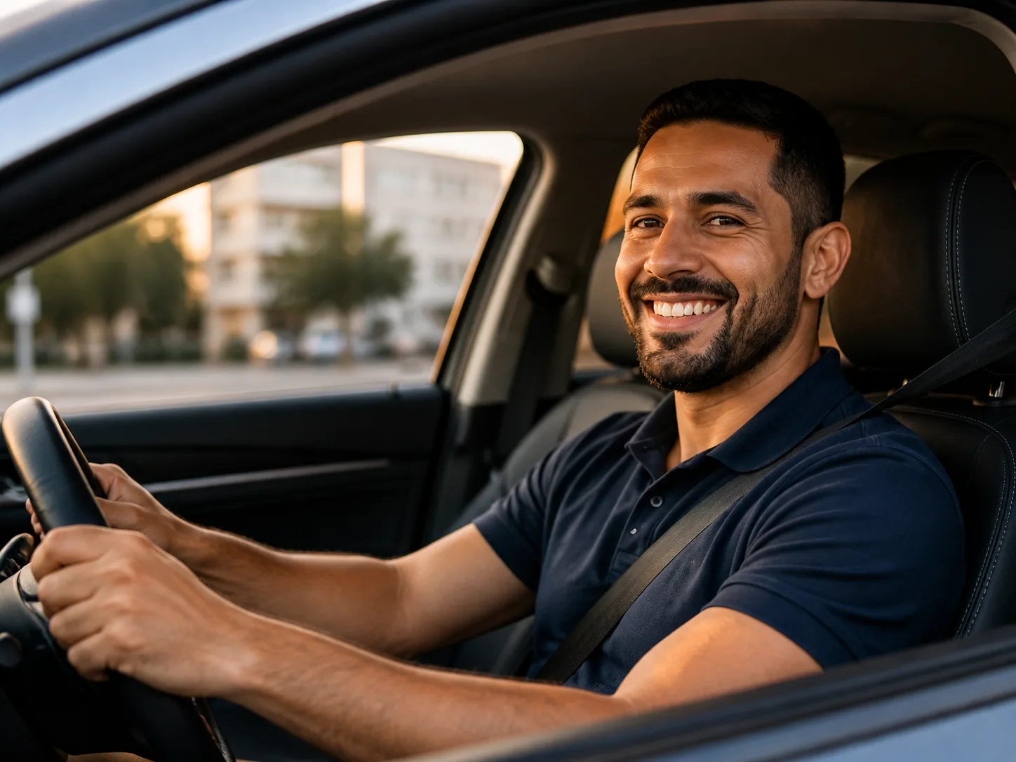 Motorista sorrindo no interior de um automóvel moderno