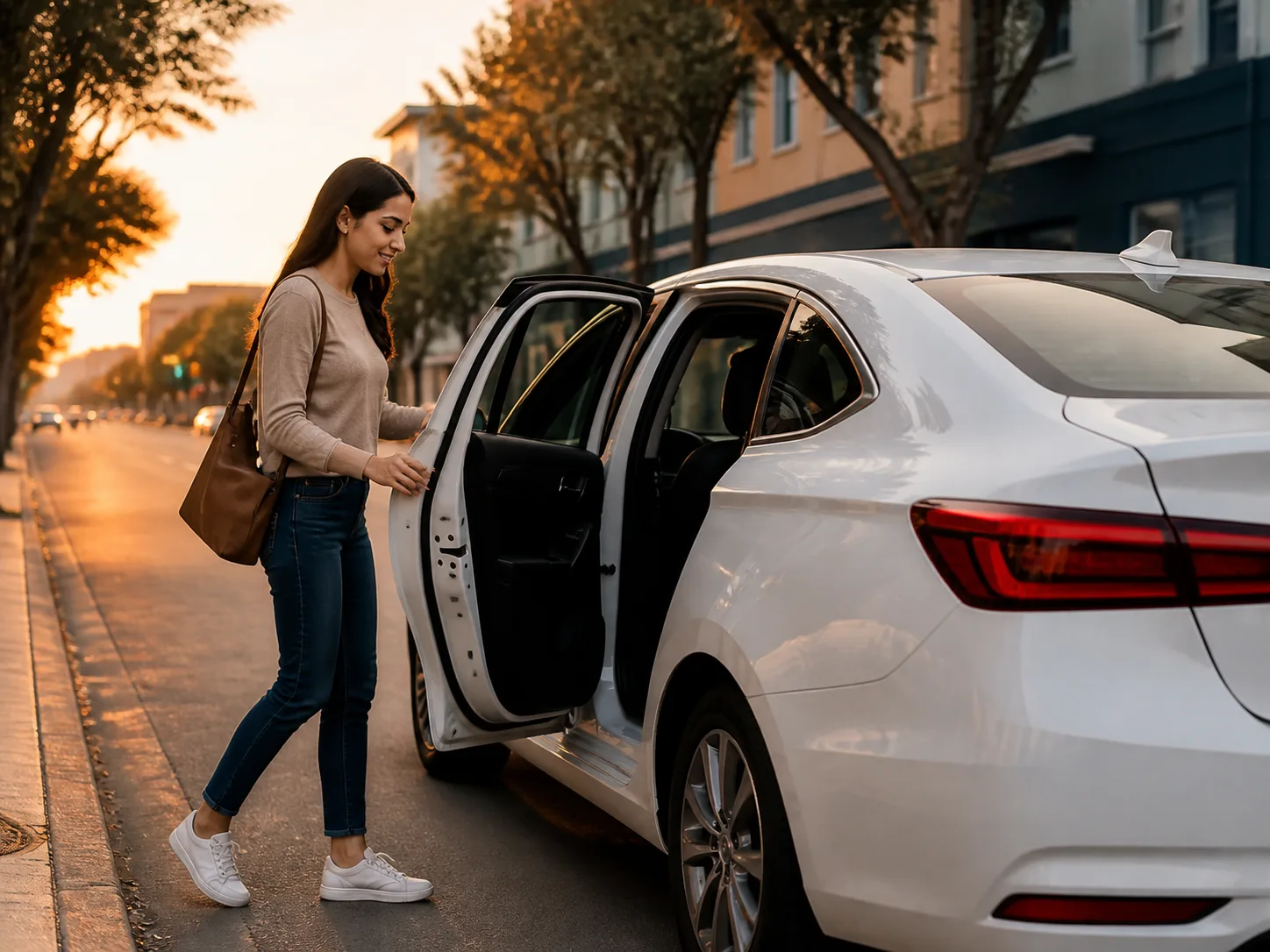 Passageira entrando com tranquilidade em um automóvel
