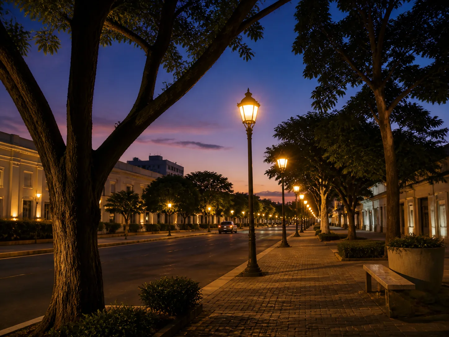 Rua arborizada e iluminada no início da noite