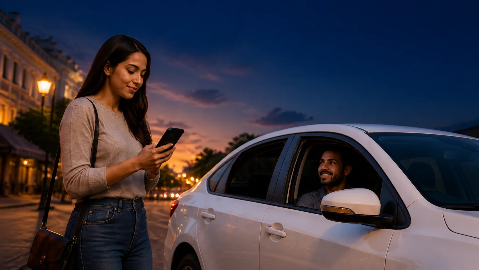 Passageira usando o celular ao lado de um carro com motorista em uma rua urbana