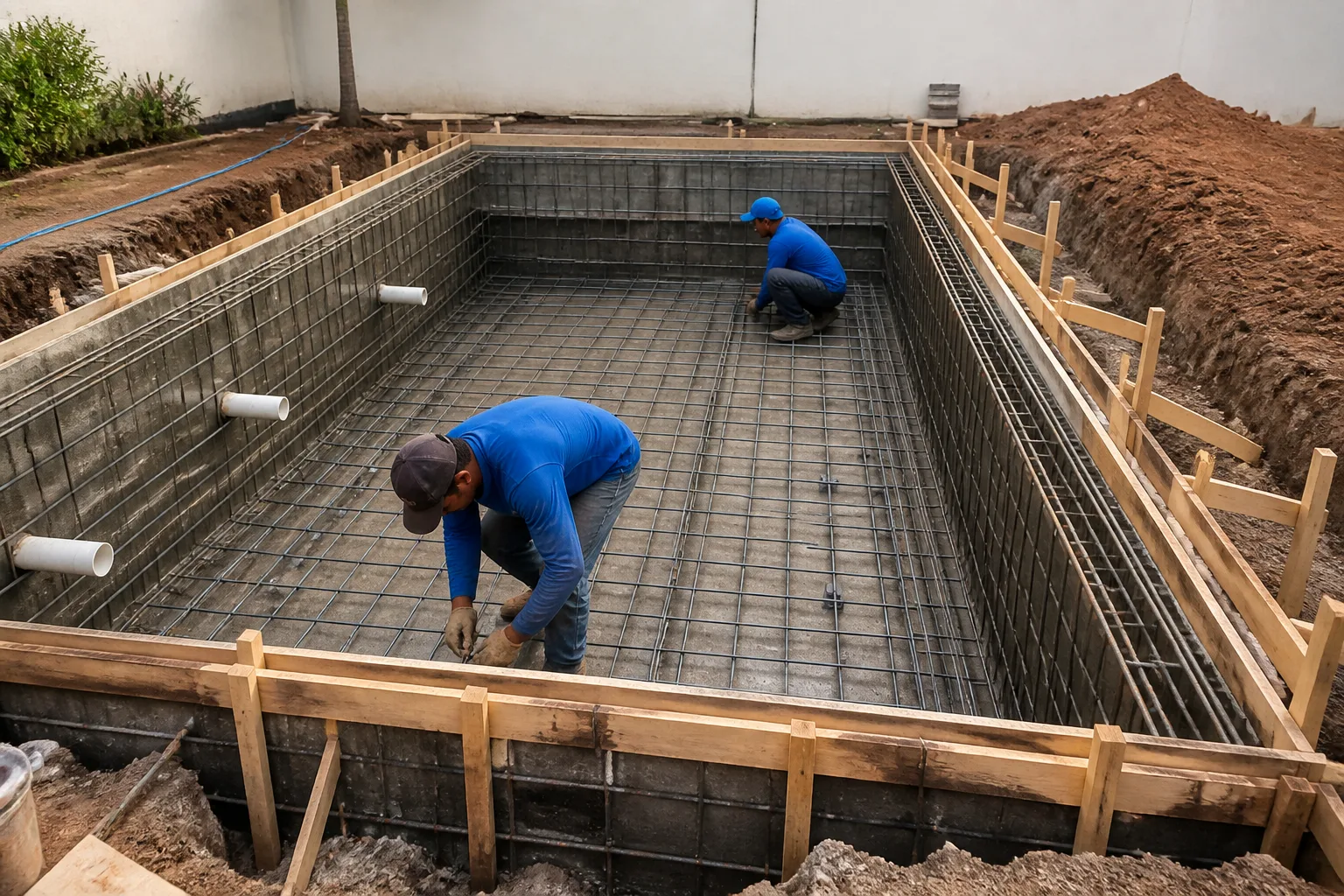 Trabalho técnico na estrutura de uma piscina