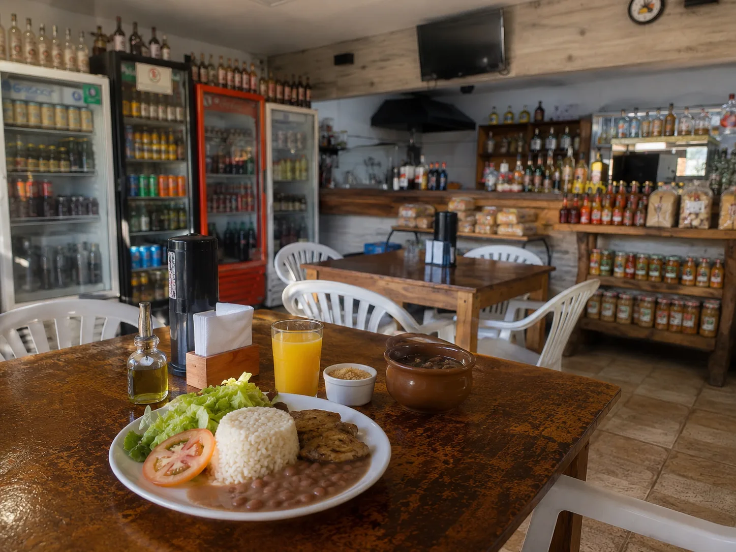 Prato de almo&ccedil;o caseiro com arroz, feij&atilde;o, carne e salada