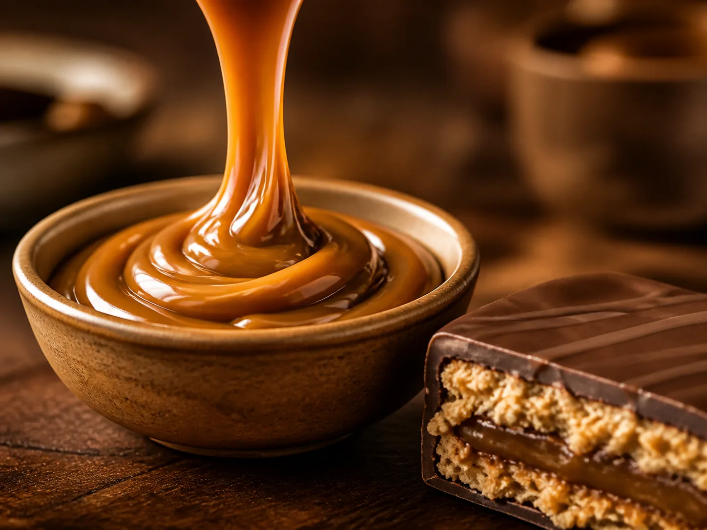 Doce de leite cremoso servido ao lado de um alfajor artesanal
