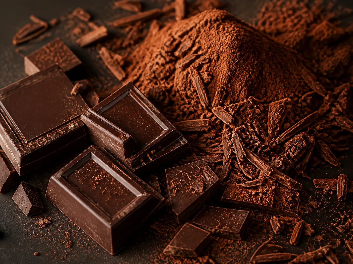 Chocolate amargo, cacau em p&oacute; e raspas de chocolate