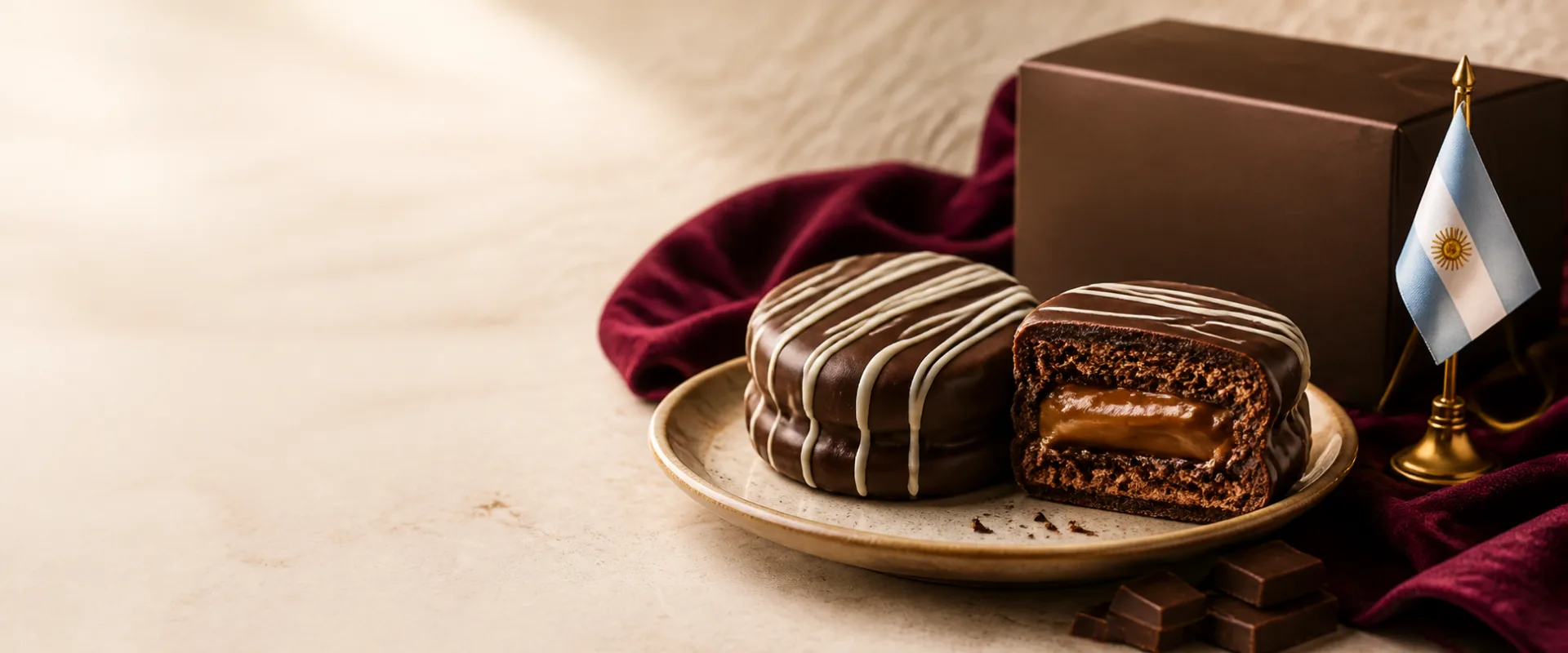 Alfajores argentinos de chocolate, um inteiro e outro cortado, com embalagem Talism&atilde; ao fundo