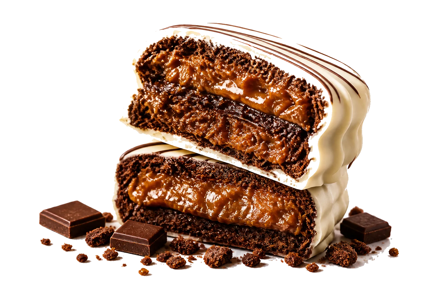 Metades de alfajor com cobertura clara, recheio de doce de leite e peda&ccedil;os de chocolate