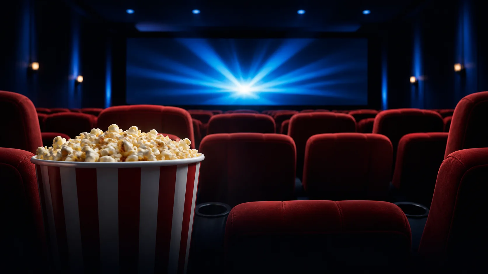 Sala de cinema com poltronas e pipoca