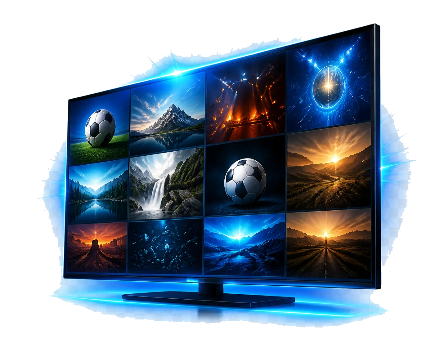 Smart TV exibindo um mosaico genérico de esportes, cinema e entretenimento