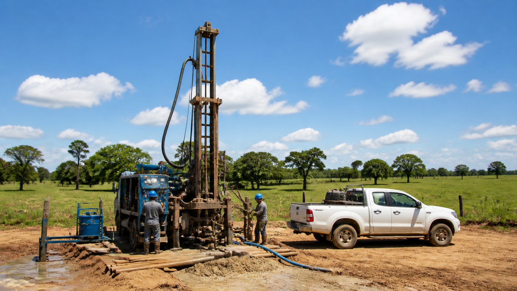 Equipe realizando perfuração de poço em terreno rural