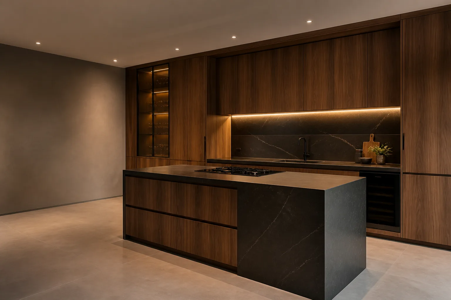 Cozinha planejada contemporânea em madeira com iluminação quente