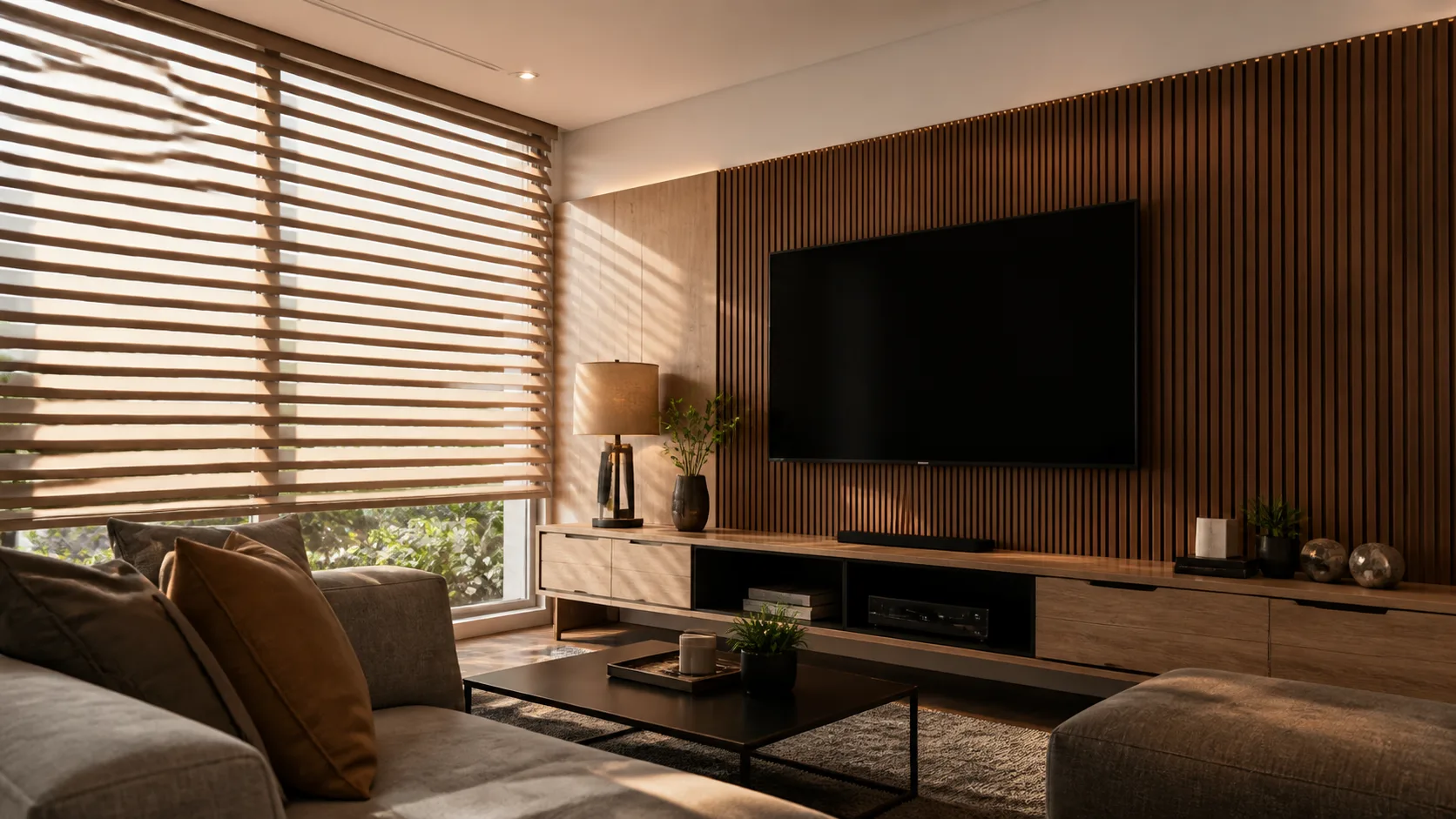 Sala planejada com painel de televisão e persianas