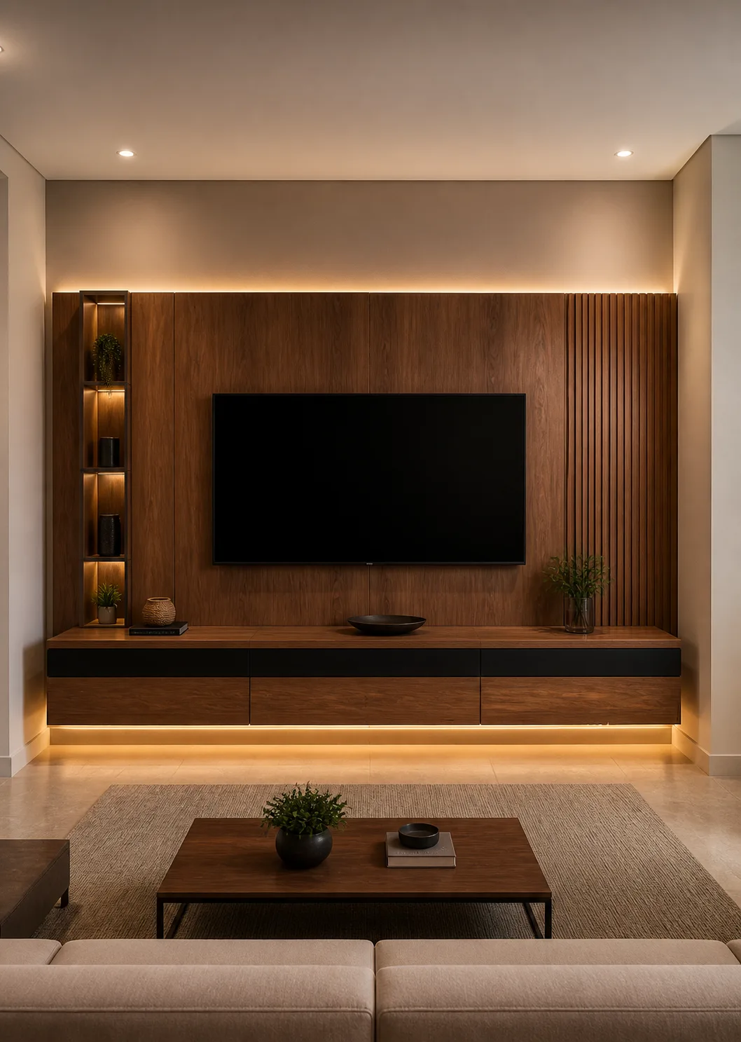 Projeto de painel de televisão em madeira para sala