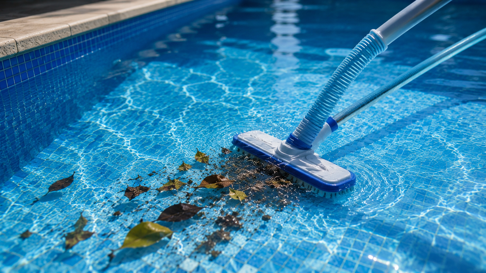 Equipamento de aspiração realizando a limpeza do fundo da piscina