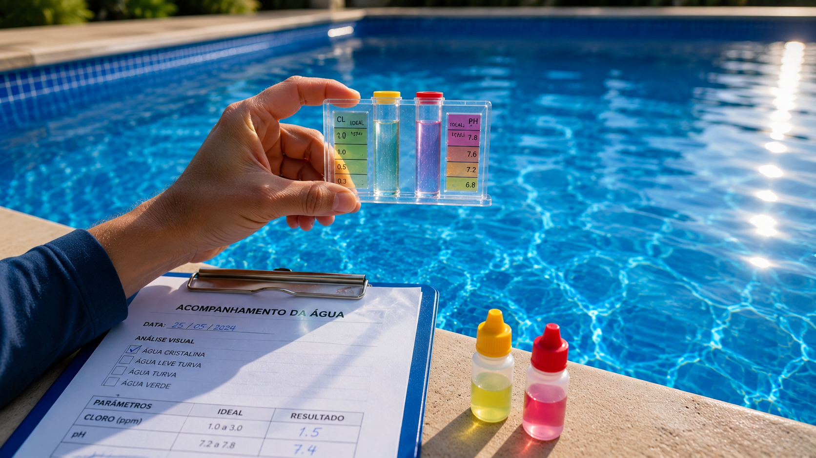 Verificação cuidadosa das condições da água da piscina