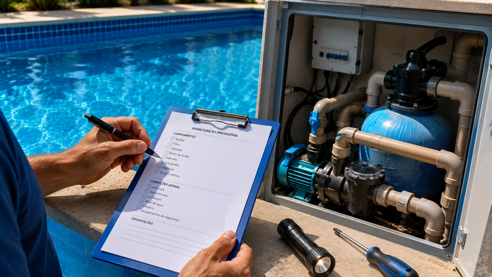 Profissional verificando os cuidados gerais de uma piscina