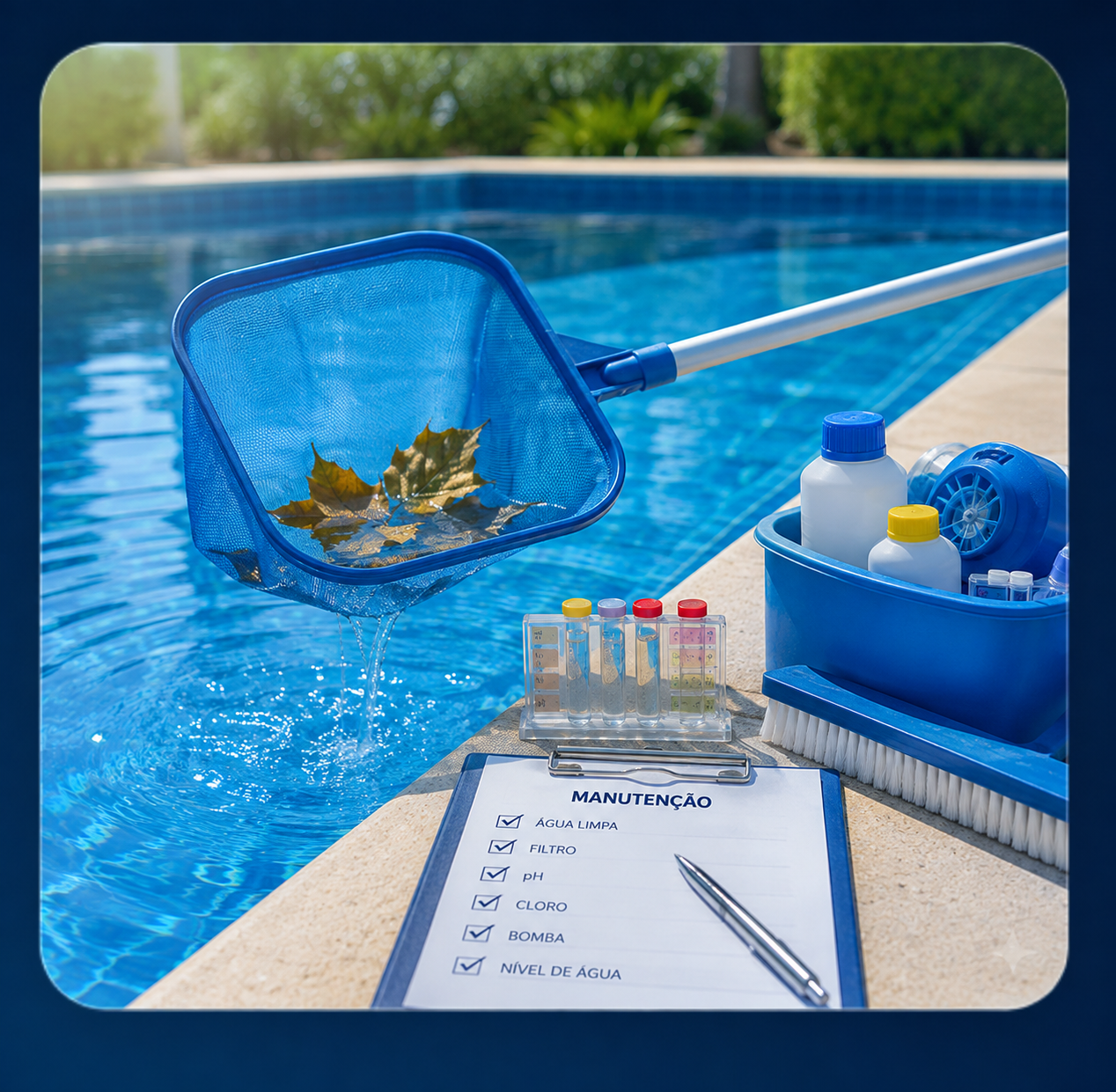 Detalhes da água limpa e dos cuidados realizados em uma piscina