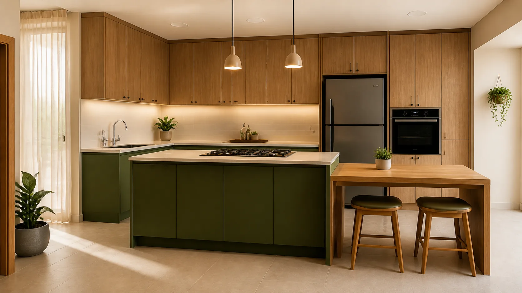 Cozinha planejada em madeira com bancada clara e ilha verde