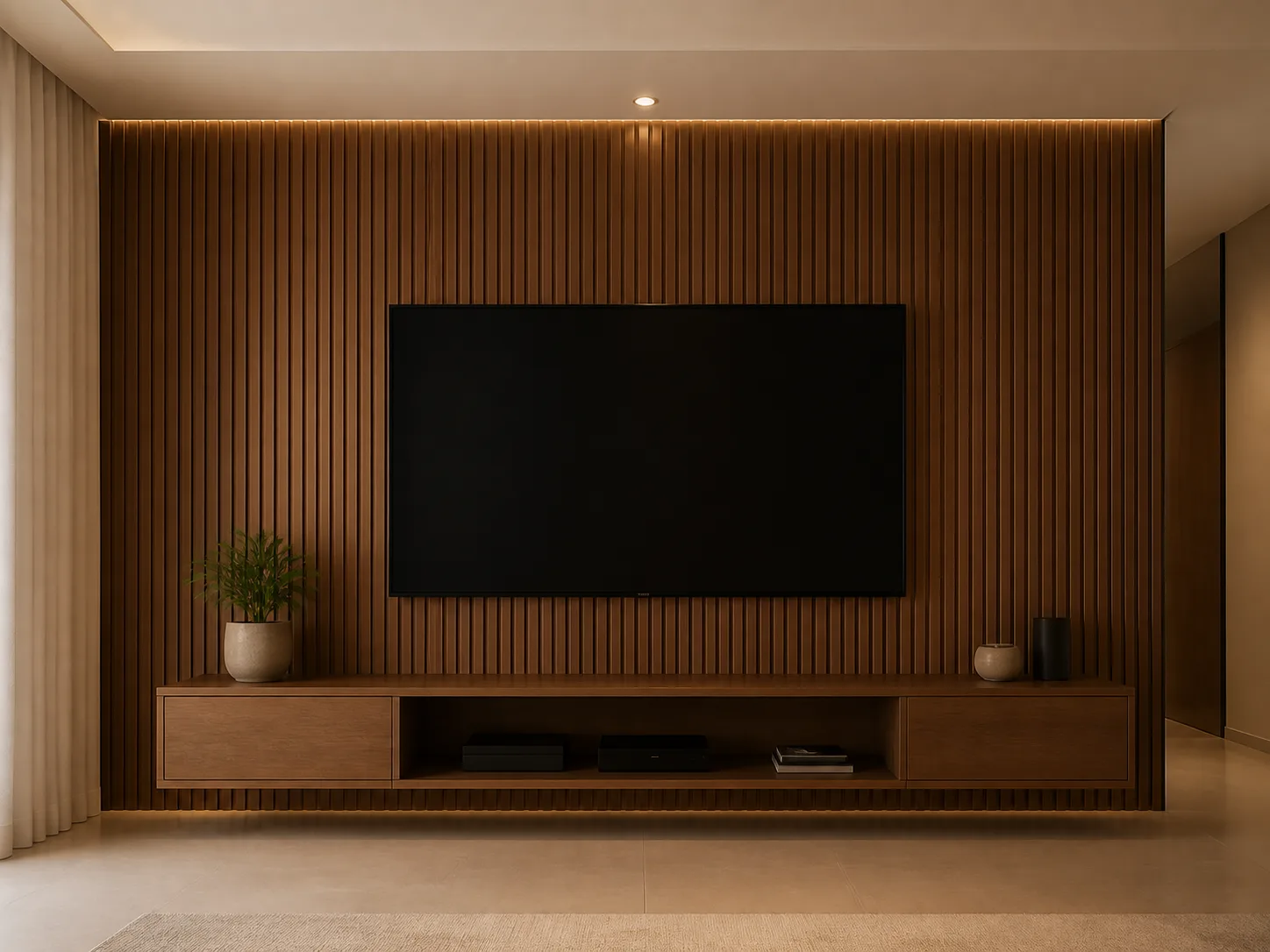 Painel de TV ripado com rack baixo planejado